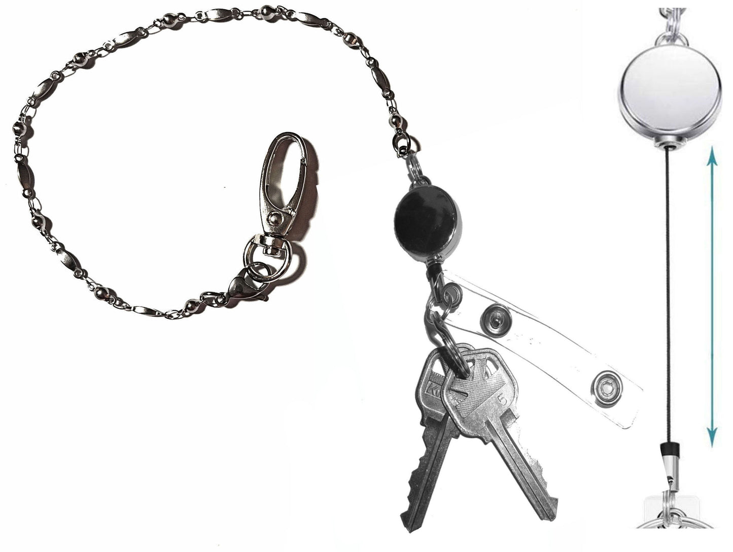 Stainless Steel - Key Keeper 12" With Retractable Reel Women's Beaded Hand Strap Chain Finder Organizer Wallet Purse Holder Ring