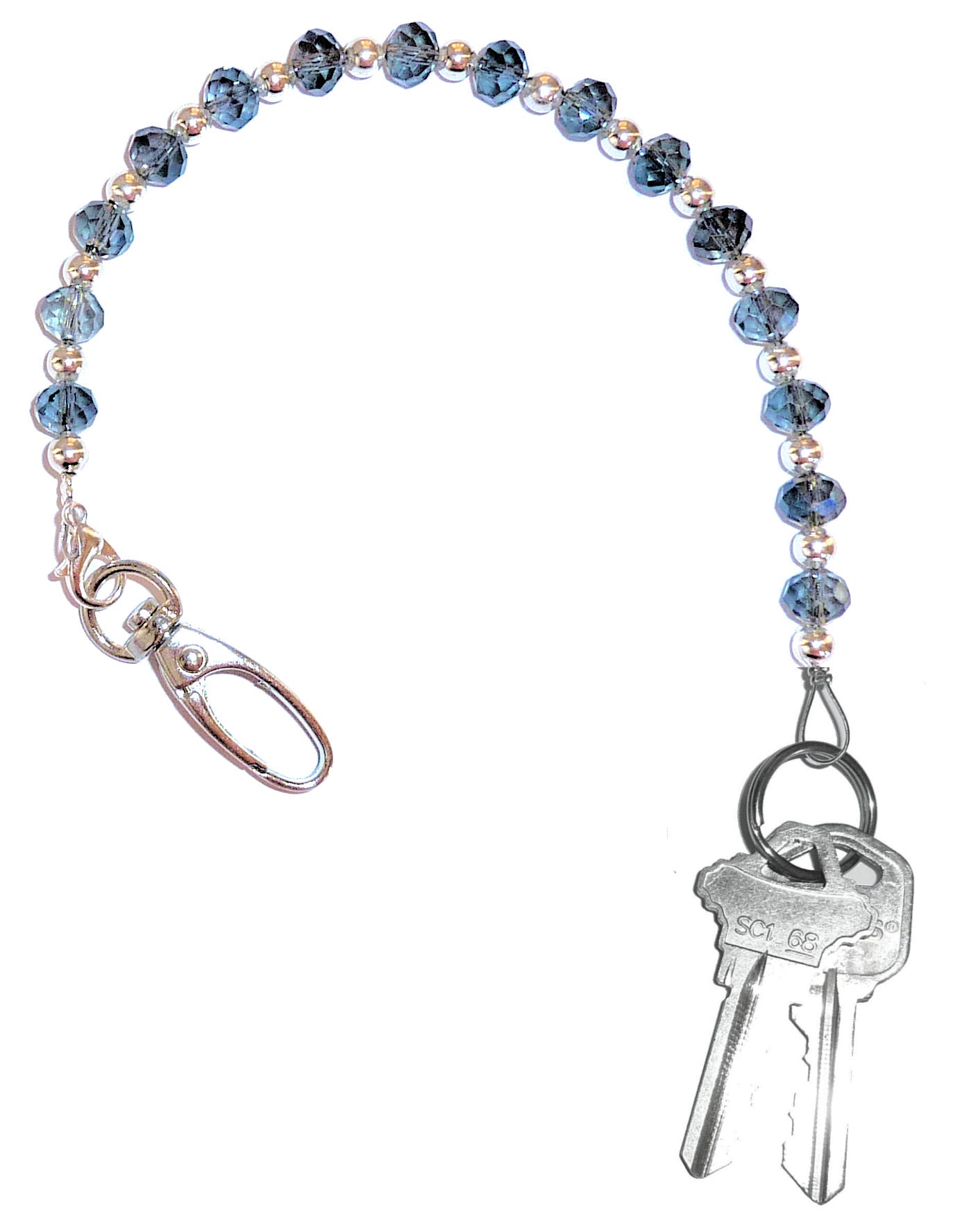 Artistic Blue - Key Keeper 12" With Retractable Reel Women's Beaded Hand Strap Chain Finder Organizer Wallet Purse Holder Ring