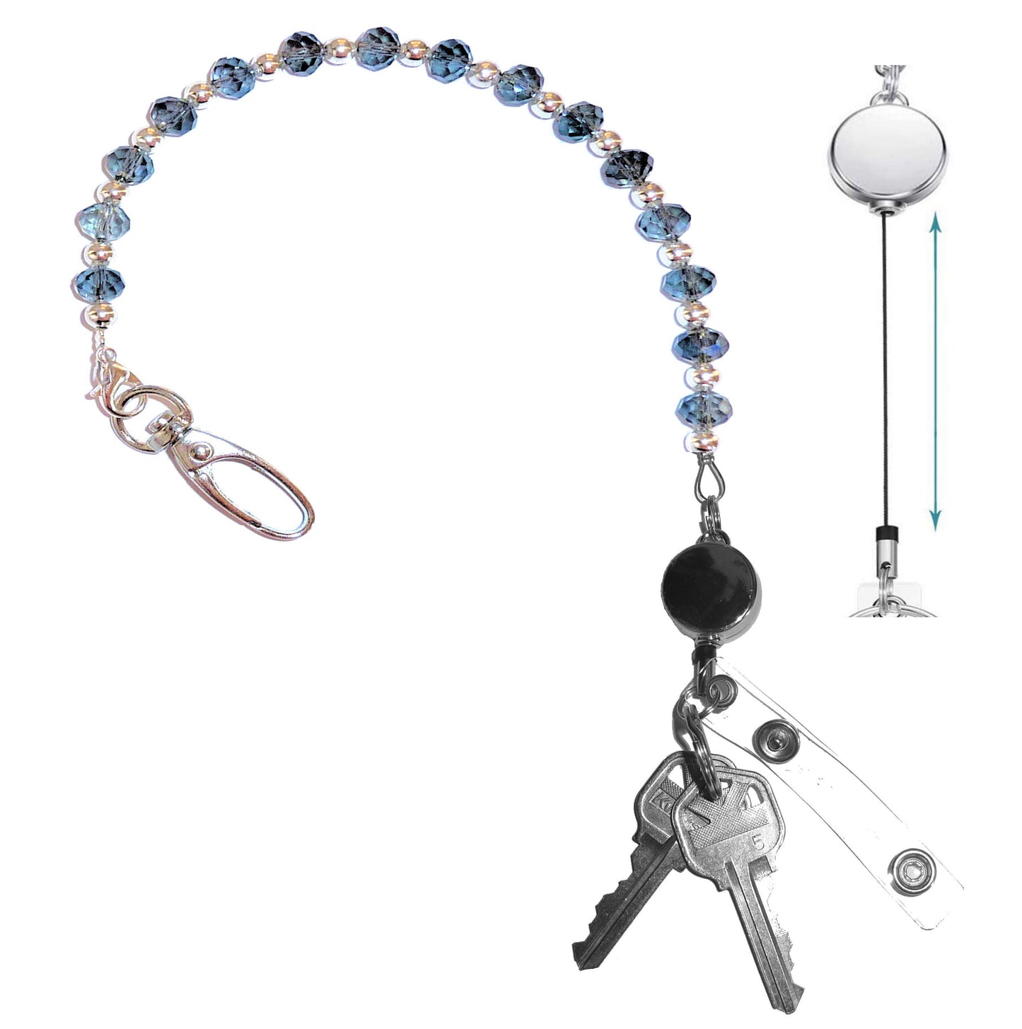 Artistic Blue - Key Keeper 12" With Retractable Reel Women's Beaded Hand Strap Chain Finder Organizer Wallet Purse Holder Ring