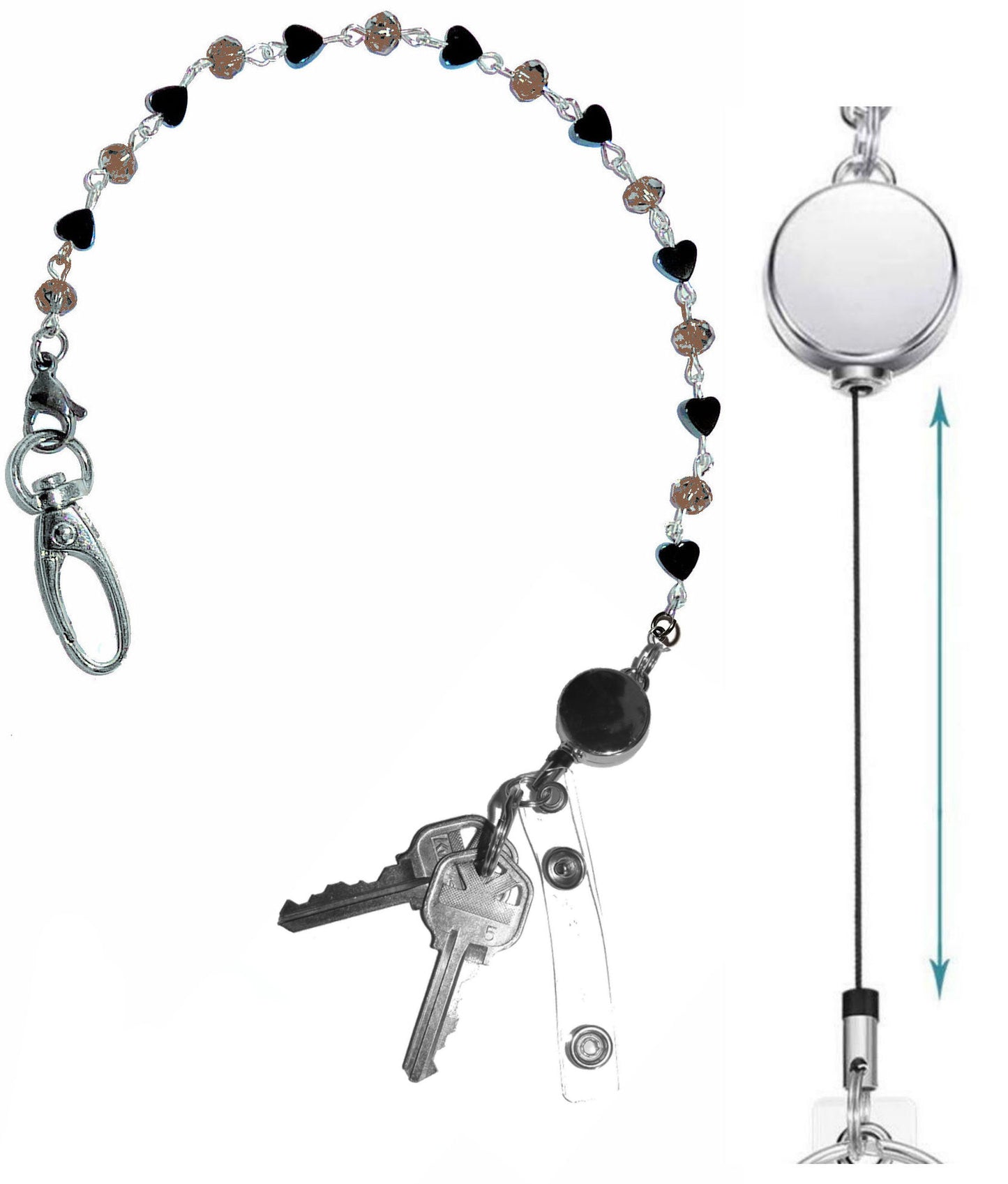 Hematite Chain - Key Keeper 12" With Retractable Reel Women's Beaded Hand Strap Chain Finder Organizer Wallet Purse Holder Ring