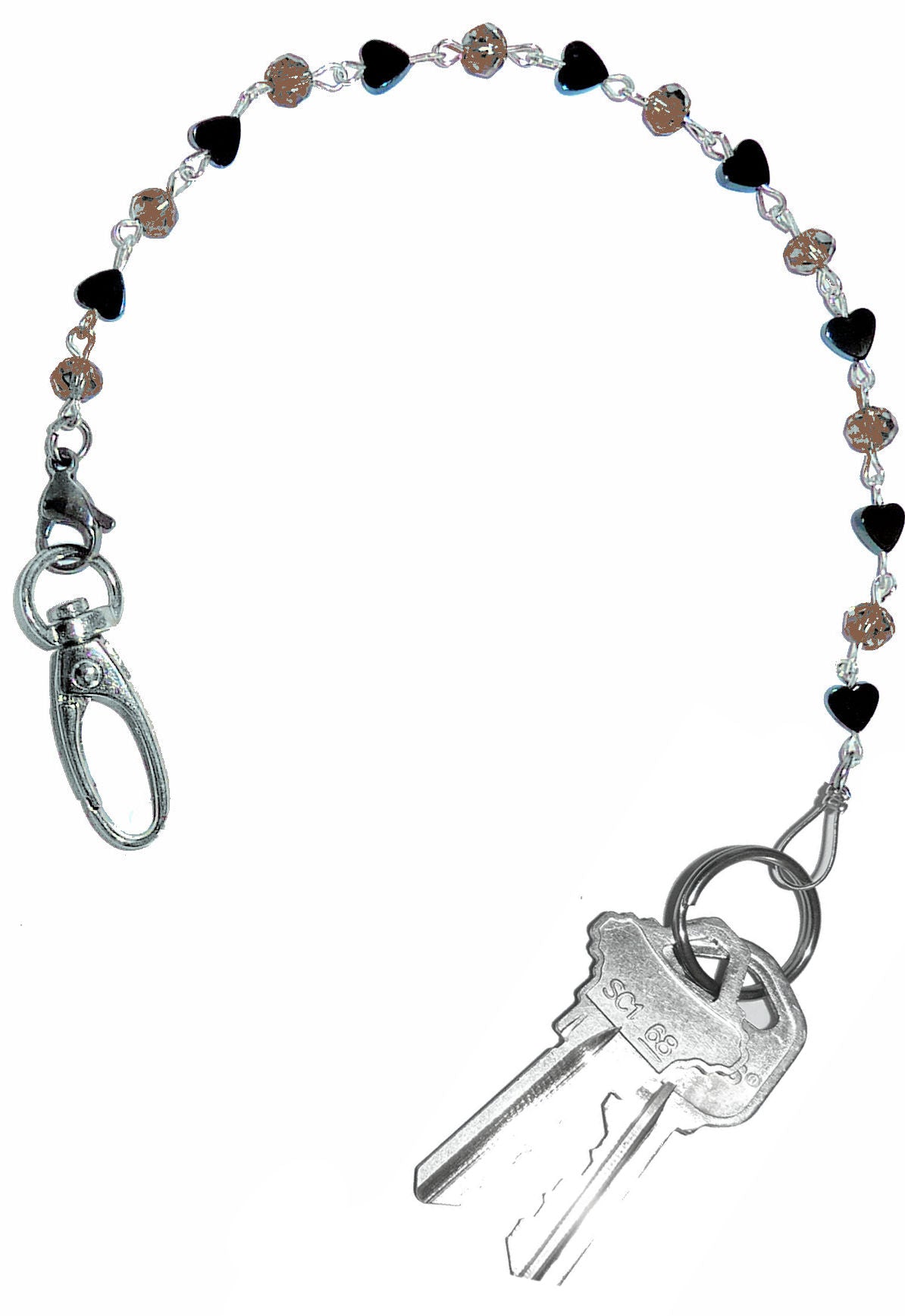 Hematite Chain - Key Keeper 12" With Retractable Reel Women's Beaded Hand Strap Chain Finder Organizer Wallet Purse Holder Ring