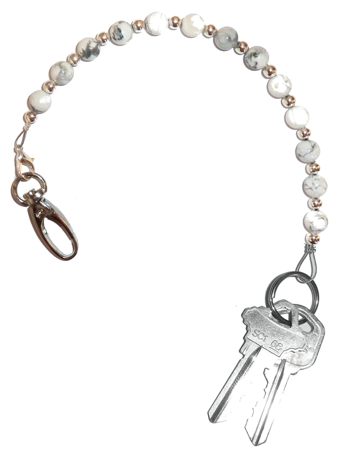Howlite Stone - Key Keeper 12" With Retractable Reel Women's Beaded Hand Strap Chain Finder Organizer Wallet Purse Holder Ring