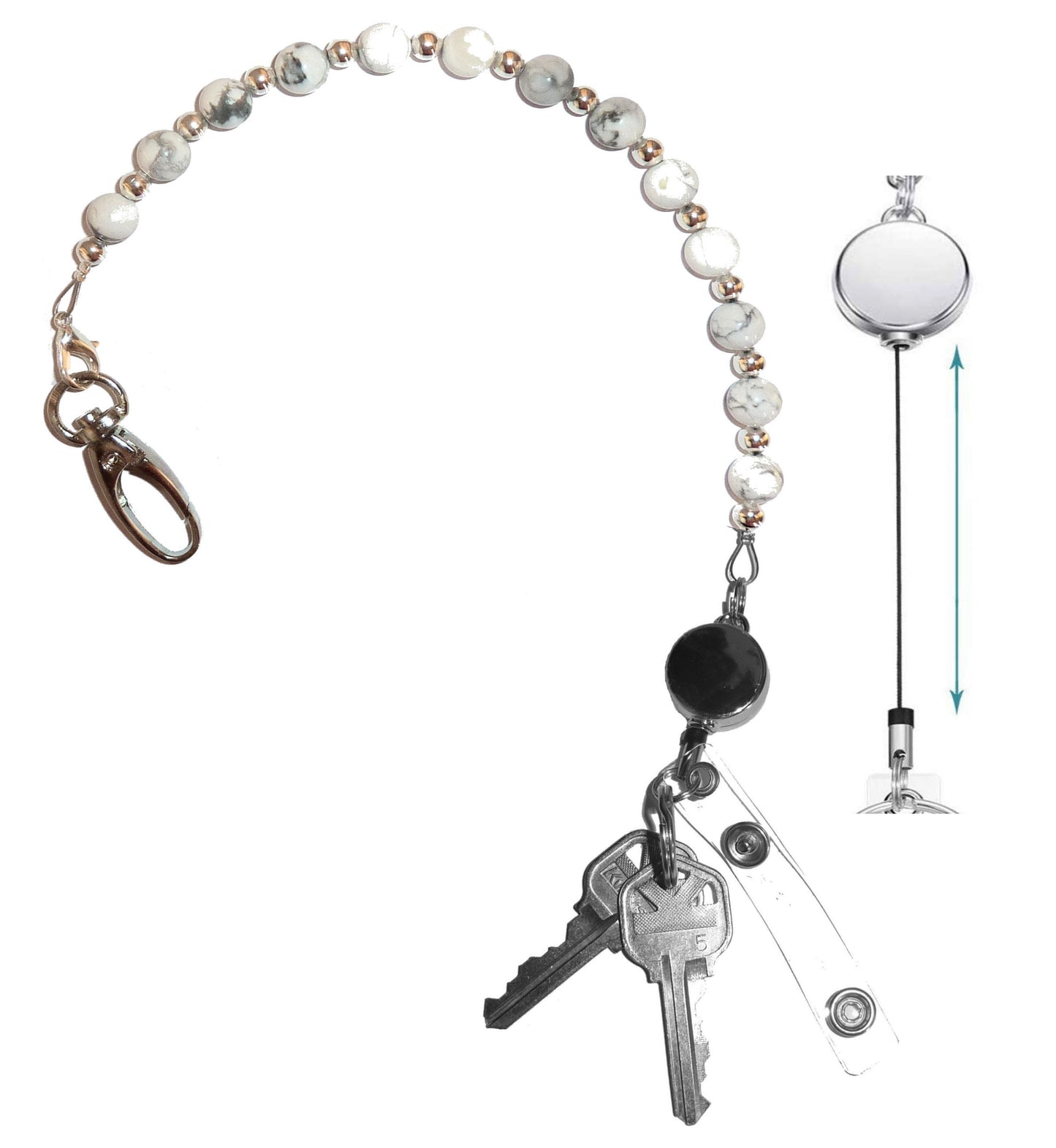 Howlite Stone - Key Keeper 12" With Retractable Reel Women's Beaded Hand Strap Chain Finder Organizer Wallet Purse Holder Ring