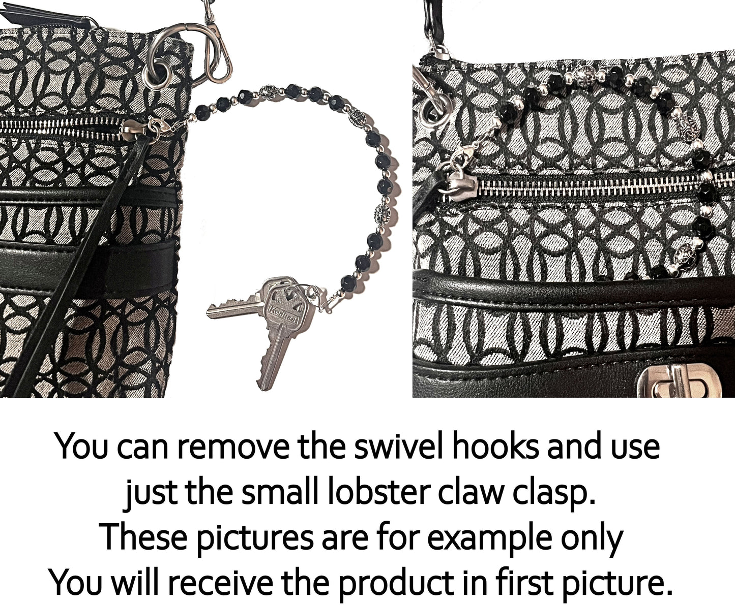 Black - Key Keeper 12" With Retractable Reel Women's Beaded Hand Strap Chain Finder Organizer Wallet Purse Holder Ring