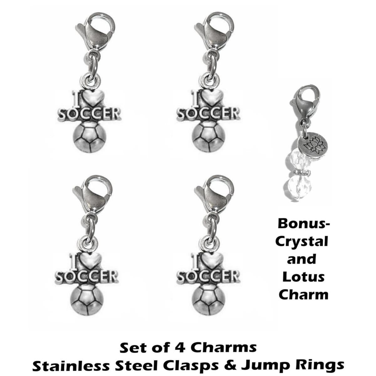 4 Pack I Love Soccer Clip On Charms - Sports Charms Clip On Anywhere