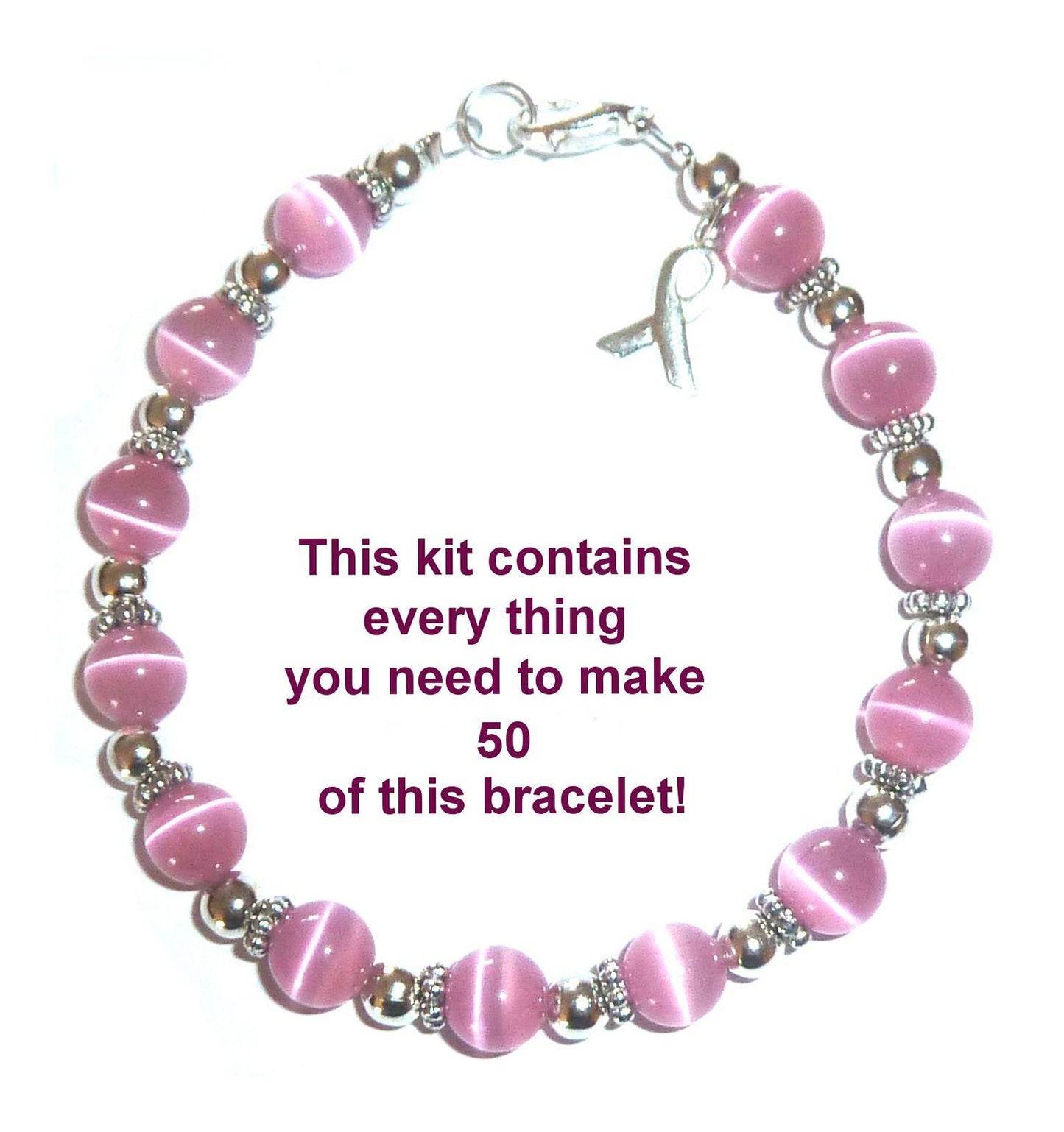 Breast Cancer Awareness Bracelet Kit With Clasps & Wire 8mm, makes 50