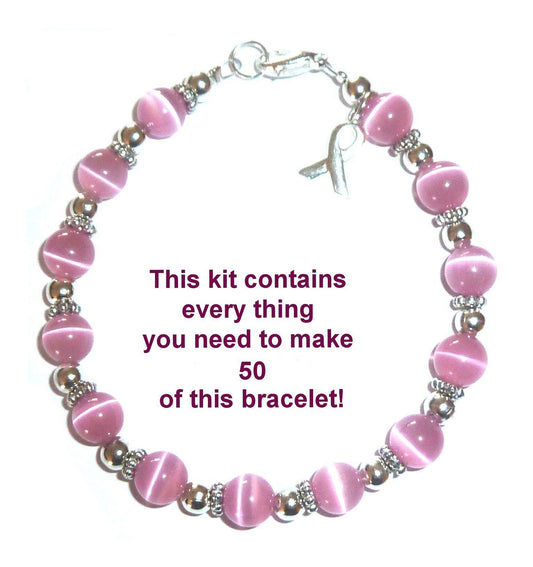 Breast Cancer Awareness Bracelet Kit With Clasps &amp; Wire 8mm, makes 50