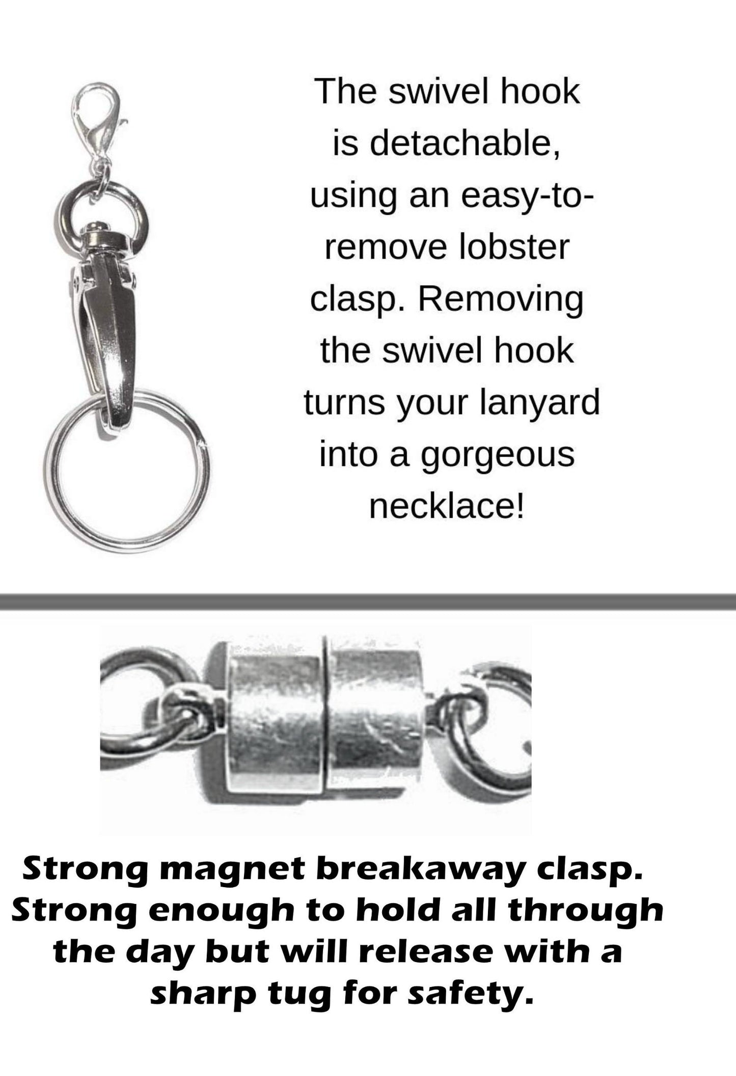 Looks Like Hematite Jewelry! Women's Fashion Necklace Lanyard, 36" Long - Magnetic Breakaway Style