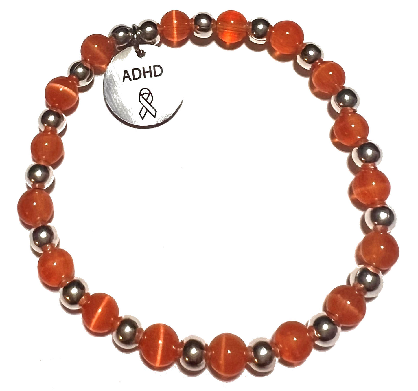 ADHD, ADD, Attention Deficit Hyperactive Disorder Awareness Charm Beaded Bracelet, 7.75 Inches, Orange, Dark Orange Color, Handbeaded in the USA
