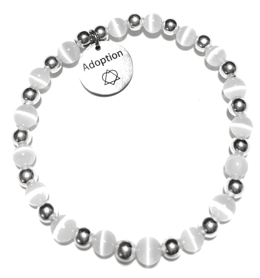 Adoption Awareness Charm With Adoption Symbol, Beaded Bracelet, 7.75 Inches, White Color, Cat's Eye Beads, Hand beaded in the USA