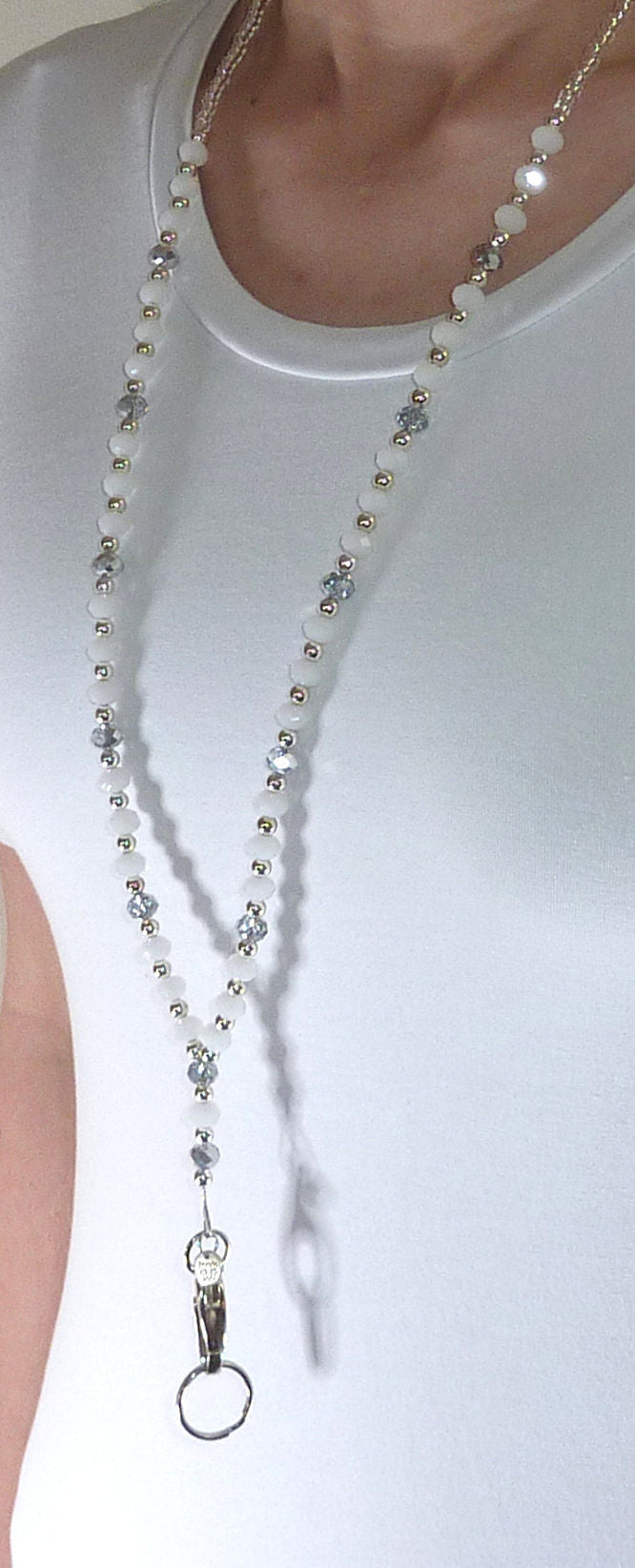 White Breakaway Women's Unique Artistic Beaded Lanyard Strong for ID Badge Card Holder Teacher Cruise Keys Keychain Cell Phone