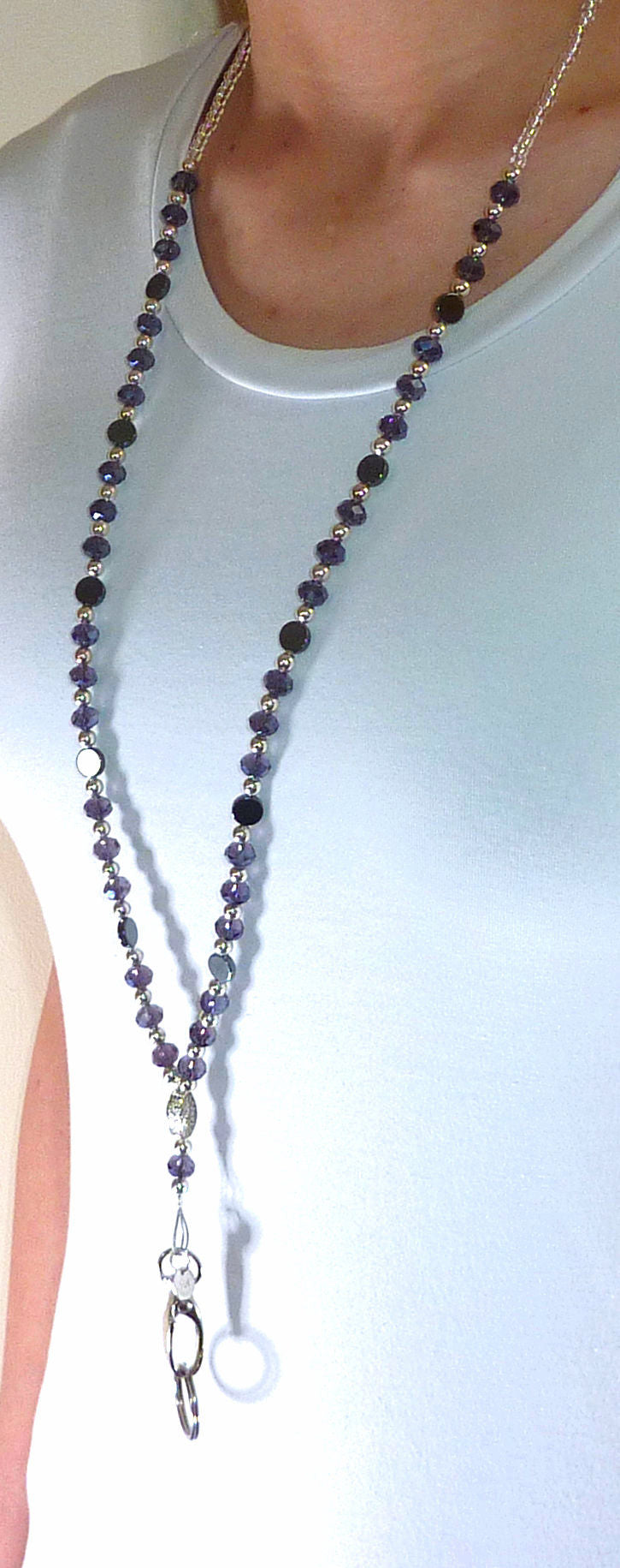 Purple Non- Breakaway Women's Unique Artistic Beaded Lanyard Strong for ID Badge Card Holder Teacher Cruise Keys Keychain Cell Phone