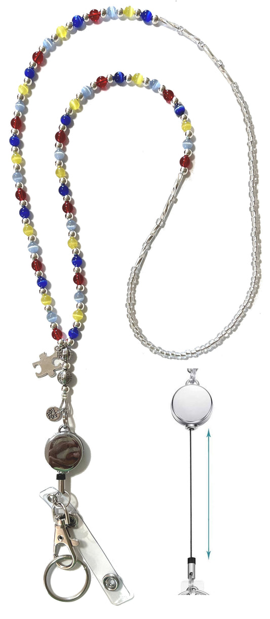 Retractable Reel - Autism Colors Style Fashion Women's Beaded Lanyard 34", Made in USA, for Keys, Badge Holder