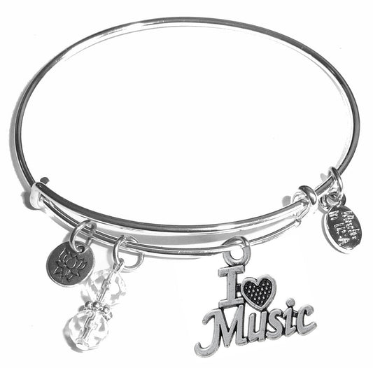 I love Music - Message Bangle Bracelet - Expandable Wire Bracelet – Comes in a gift box