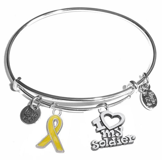 I Love My Soldier - Message Bangle Bracelet - Expandable Wire Bracelet– Comes in a gift box