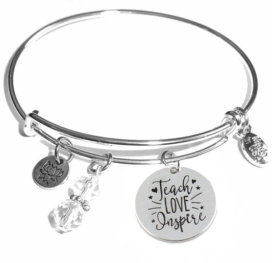 Teach, Love, Inspire - Message Bangle Bracelet - Expandable Wire Bracelet – Comes in a gift box