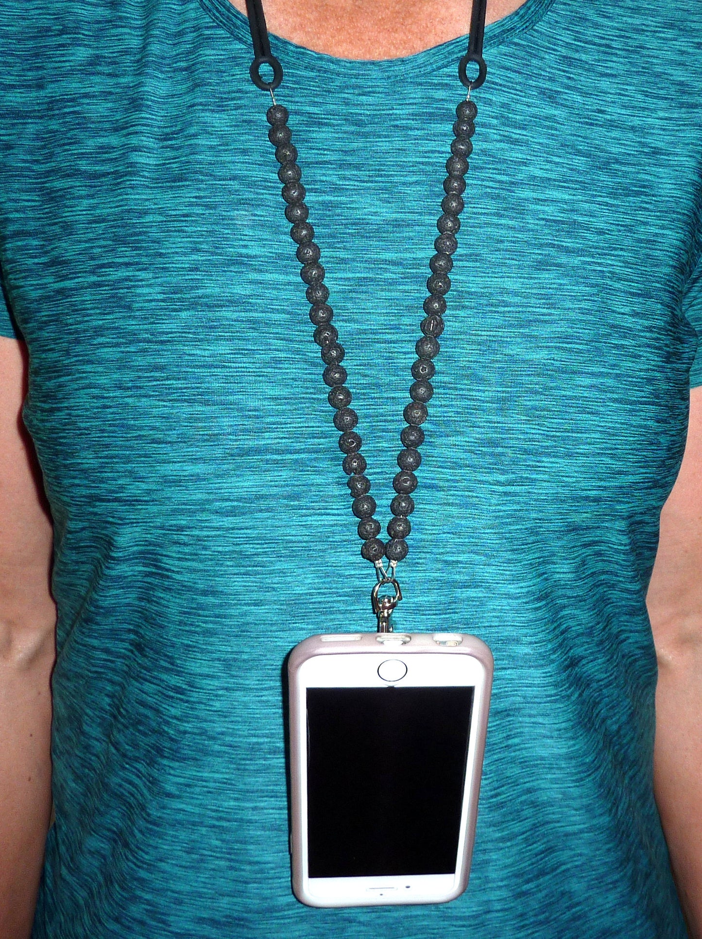 Black Lava Beaded Cell Phone Lanyard - Silicone Strap