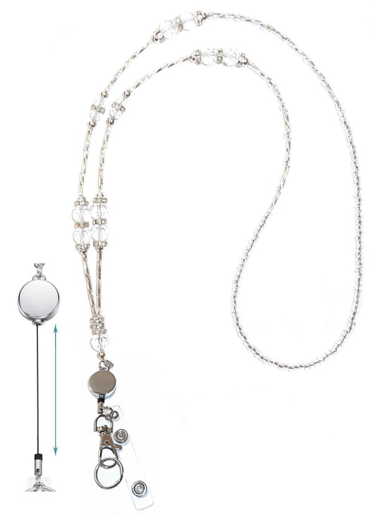 Retractable Reel - Crystal Bling Style Fashion Women's Beaded Lanyard 34", Made in USA, for Keys, Badge Holder