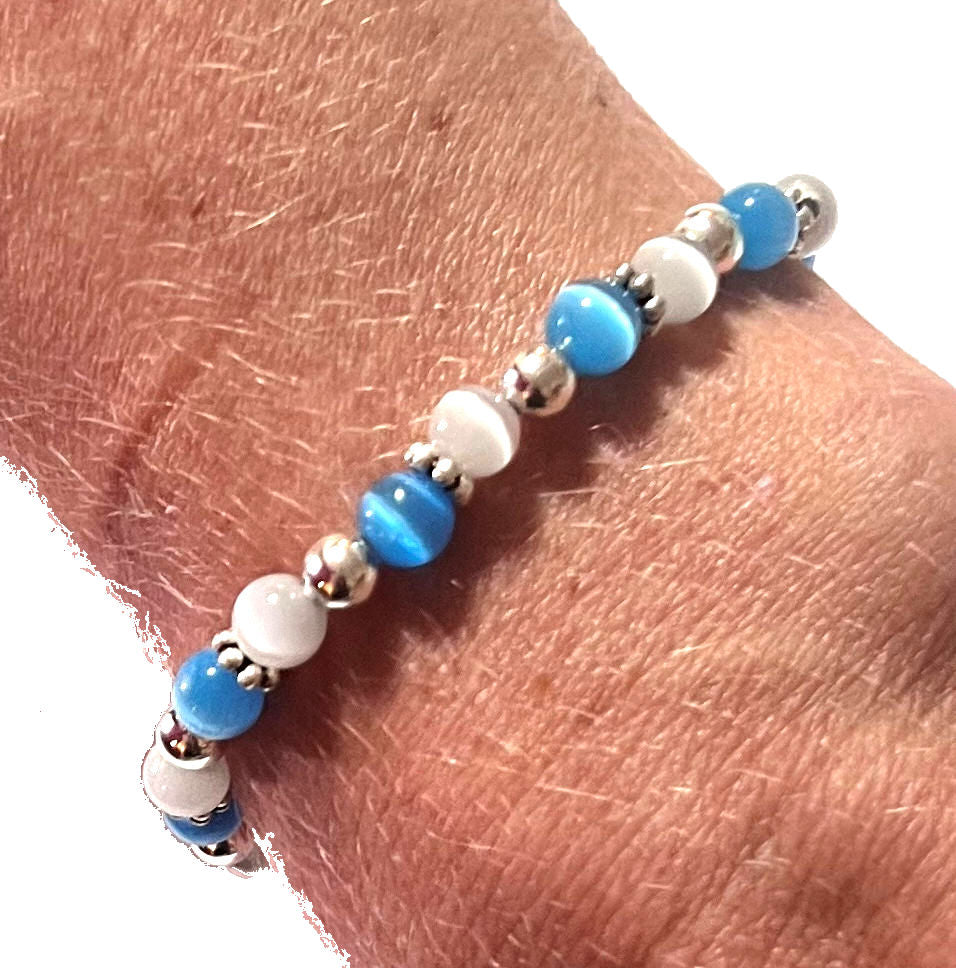 Diabetic, Diabetes Awareness Beaded Bracelet, 7.75 Inches, Grey & Blue Colors, Hand beaded in the USA - Wire