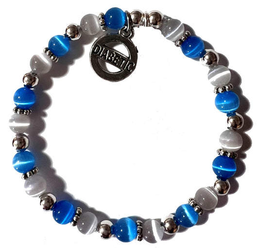 Diabetic, Diabetes Awareness Beaded Bracelet, 7.75 Inches, Grey & Blue Colors, Hand beaded in the USA - Stretch