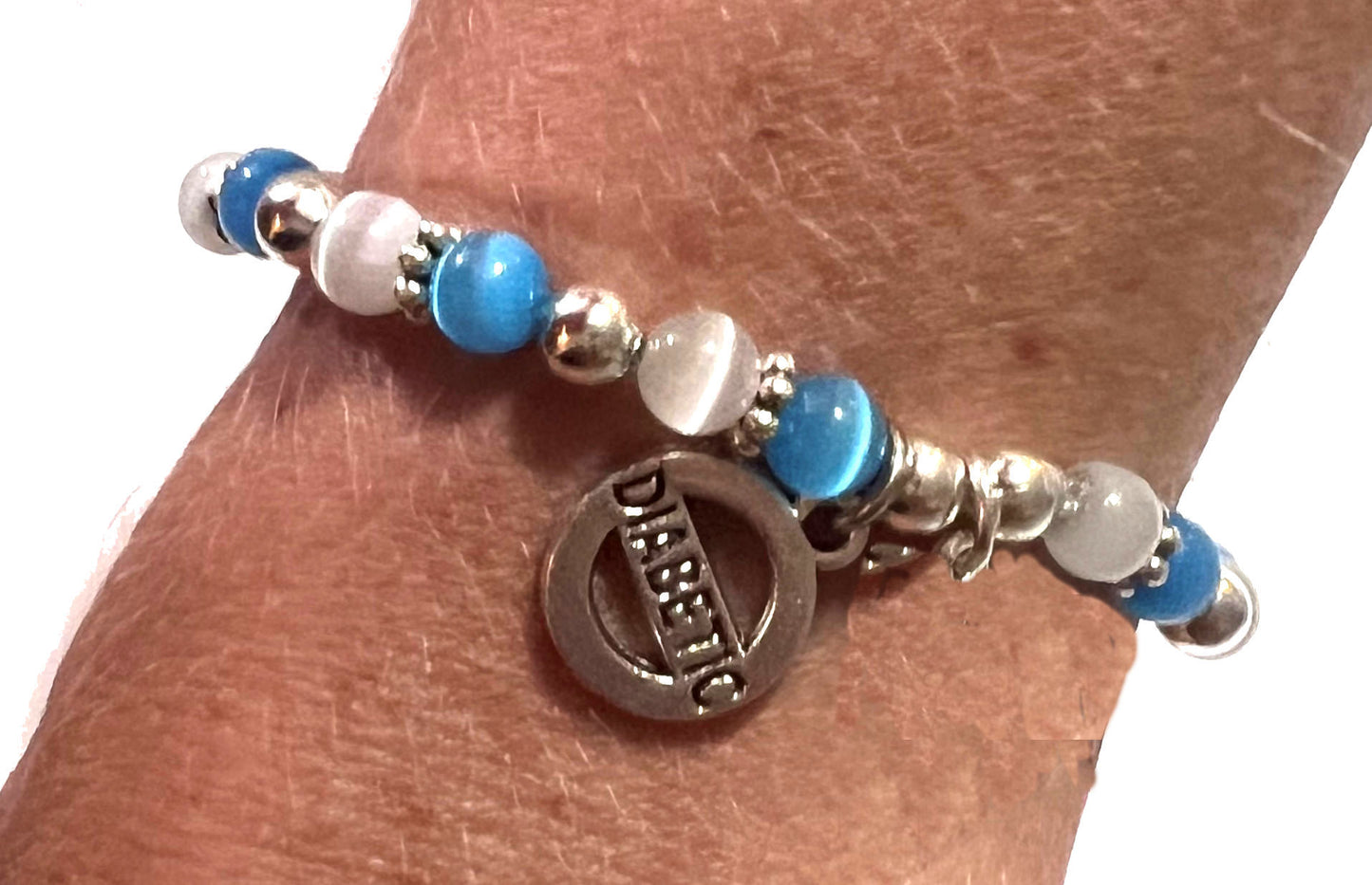 Diabetic, Diabetes Awareness Beaded Bracelet, 7.75 Inches, Grey & Blue Colors, Hand beaded in the USA - Wire