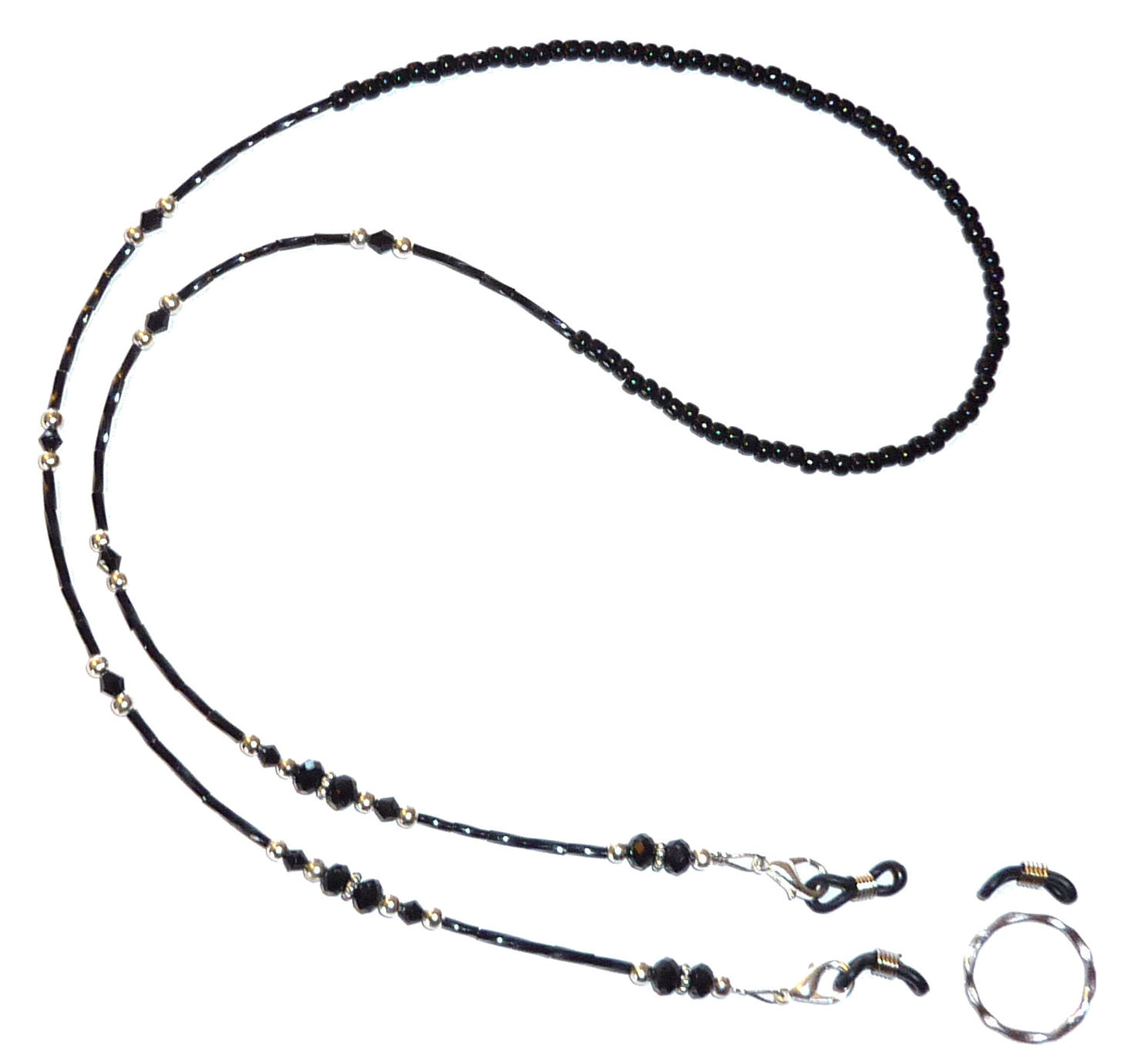 Eyeglass Holder 28" strung on 19 strand wire, Eyeglass chain, leash - Black Crystal