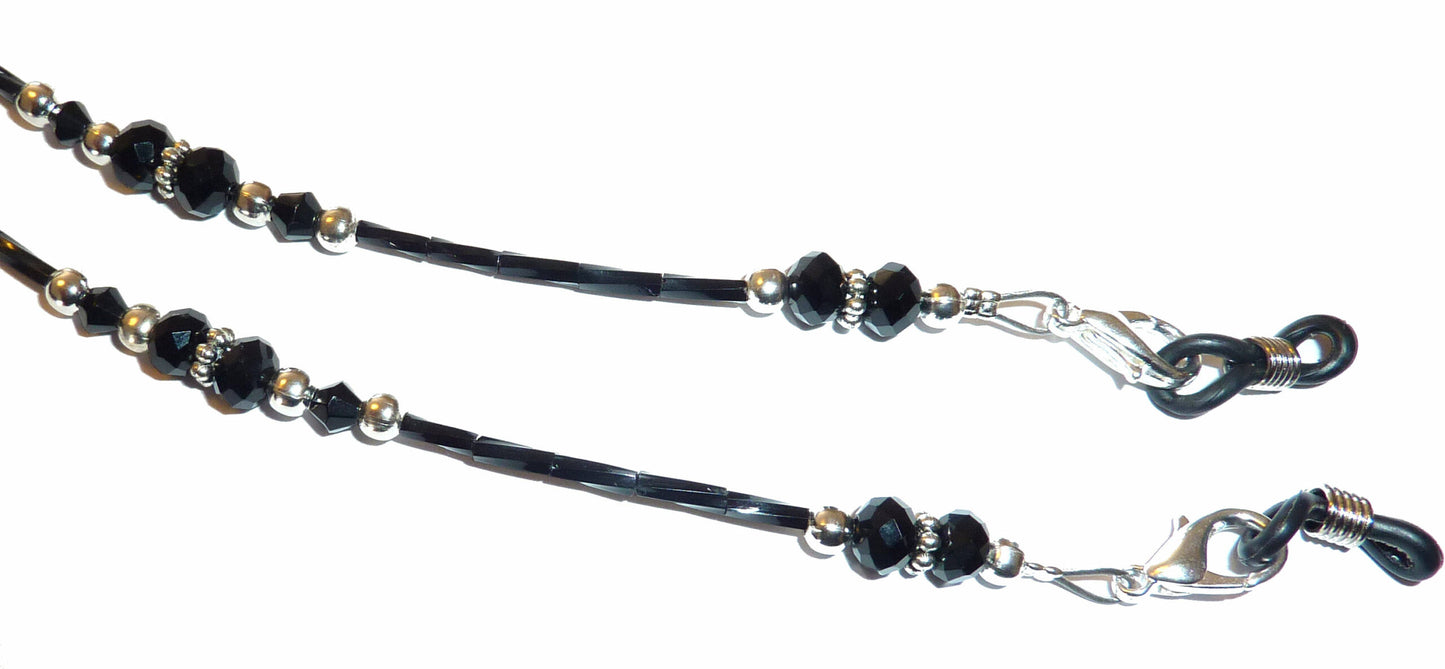 Eyeglass Holder 28" strung on 19 strand wire, Eyeglass chain, leash - Black Crystal