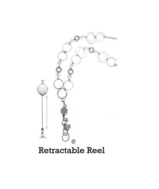 Retractable Reel - Crystals & Rings Style Fashion Women's Beaded Lanyard 34", Made in USA, for Keys, Badge Holder