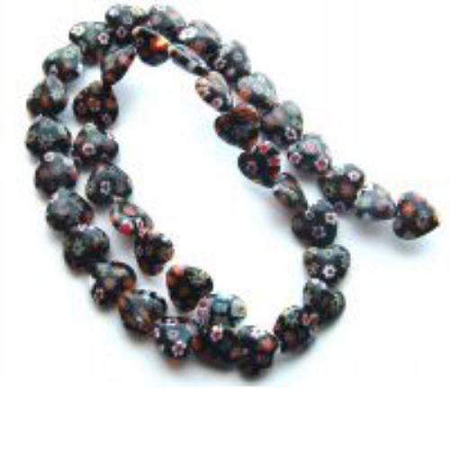 10mm Millefiori Hearts Black with flowers (M13)