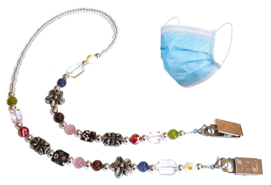 #301 Multi - Face Mask Beaded Necklace Holder, Made in USA, Decorative Fashion Leash, Lanyard, Holds Your Face Mask Around Your Neck 25" Long