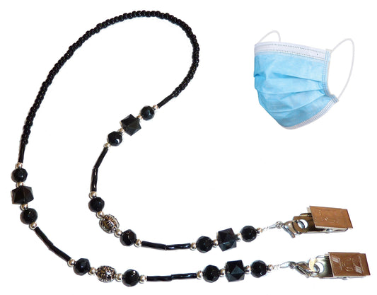 Face Mask Beaded Necklace Holder, Made in USA, Decorative Fashion Leash, Lanyard, Holds Your Face Mask Around Your Neck 25" Long - Black
