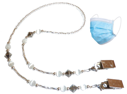Face Mask Beaded Necklace Holder, Made in USA, Decorative Fashion Leash, Lanyard, Holds Your Face Mask Around Your Neck 25" Long - White