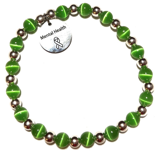 Mental Health, Depression Awareness Charm, Beaded Bracelet, 7.75 Inches, Green Color Cat's Eye Beads, Stretch or Wire & Clasp Versions, Handbeaded in the USA