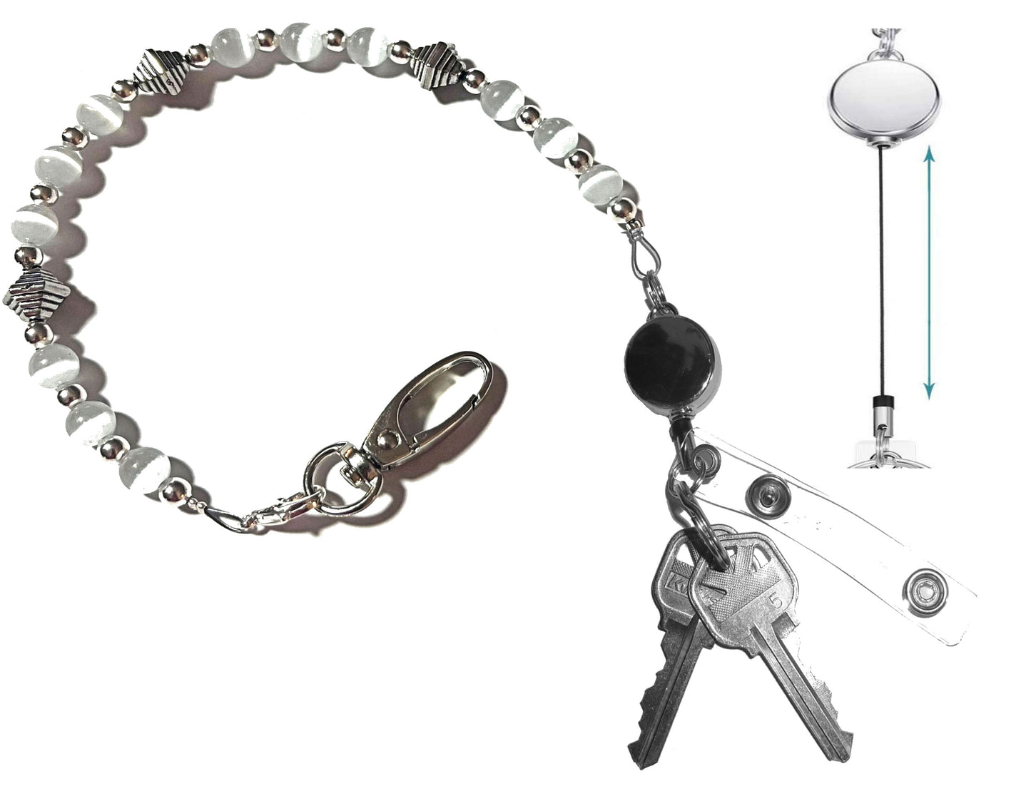 White - Key Keeper 12" With Retractable Reel Women's Beaded Hand Strap Chain Finder Organizer Wallet Purse Holder Ring