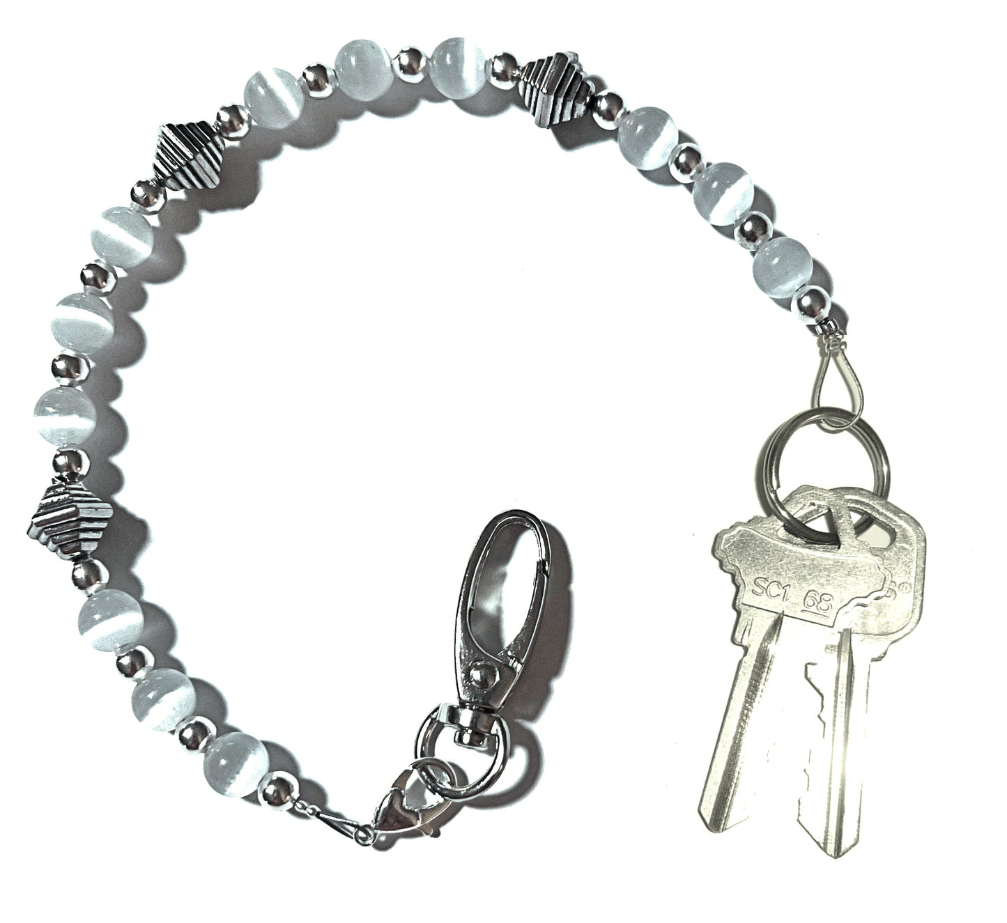 White - Key Keeper 12" With Retractable Reel Women's Beaded Hand Strap Chain Finder Organizer Wallet Purse Holder Ring