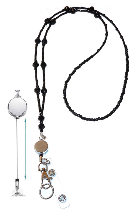 Retractable Reel - Simple Black Style Fashion Women's Beaded Lanyard 34", Made in USA, for Keys, Badge Holder