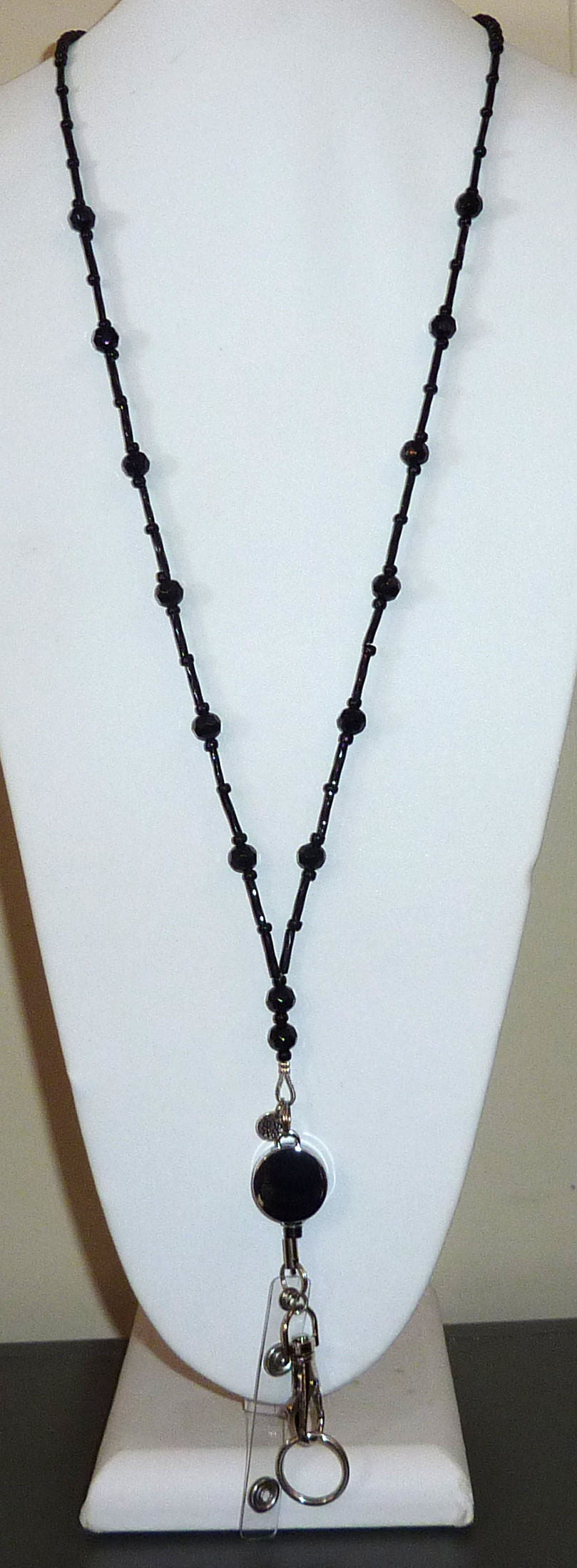 Retractable Reel - Simple Black Style Fashion Women's Beaded Lanyard 34", Made in USA, for Keys, Badge Holder