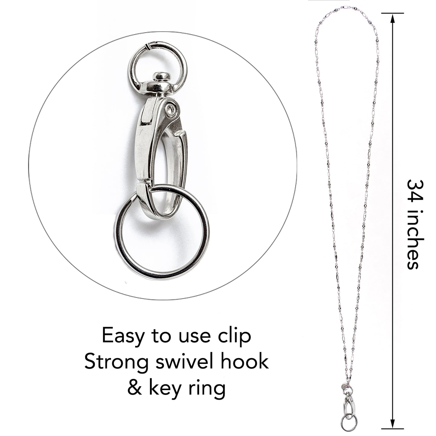 A Non Breakaway - Fancy Stainless Steel Chain Women's Lanyard, Stronger, Made in USA, Badge Holder 34 inches