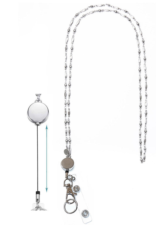 Retractable Reel - Stainless Steel Style Fashion Women's Beaded Lanyard 34", Made in USA, for Keys, Badge Holder
