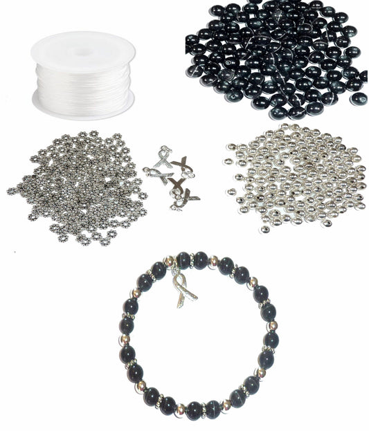 DIY Kit, Everything You Need to Make Cancer Awareness Bracelets, Uses Stretch Cord, Great for Fundraising Makes 5 - Black (Melanoma)