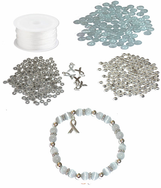 DIY Kit, Everything You Need to Make Cancer Awareness Bracelets, Uses Stretch Cord, Great for Fundraising Makes 5 - Gray (Brain)