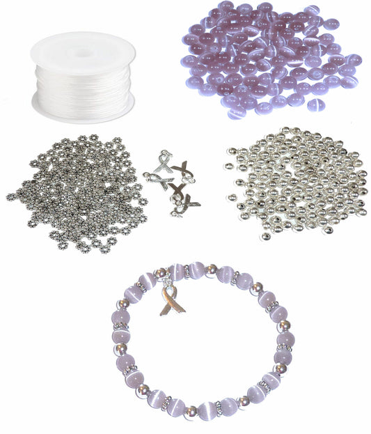 DIY Kit, Everything You Need to Make Cancer Awareness Bracelets, Uses Stretch Cord, Great for Fundraising Makes 5 - Lavender (All cancer survivors and general cancer awareness)