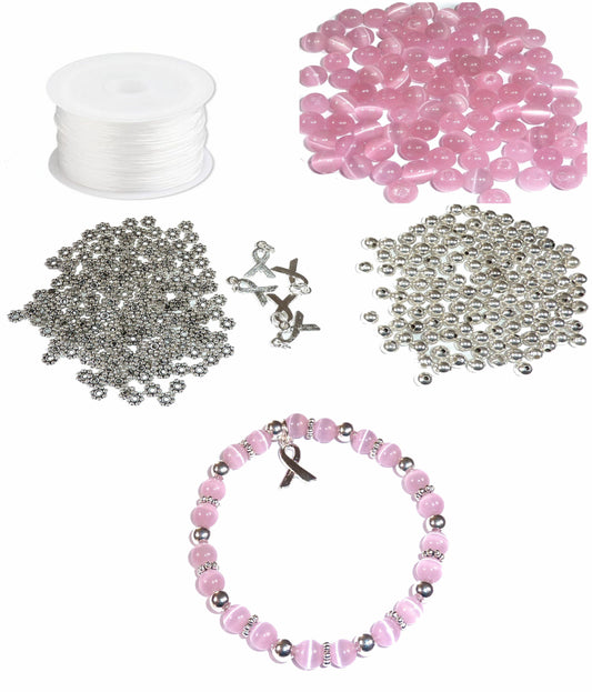 DIY Kit, Everything You Need to Make Cancer Awareness Bracelets, Uses Stretch Cord, Great for Fundraising Makes 5 - Pink (Breast Cancer)