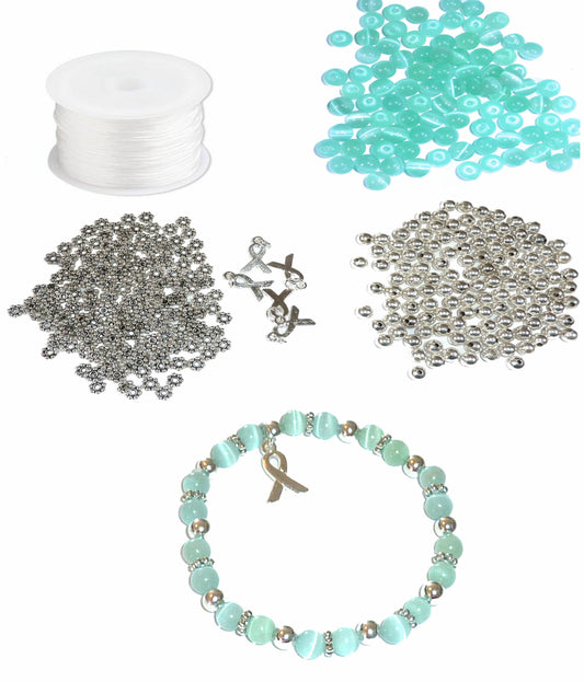 DIY Kit, Everything You Need to Make Cancer Awareness Bracelets, Uses Stretch Cord, Great for Fundraising Makes 5 - Teal (Ovarian)