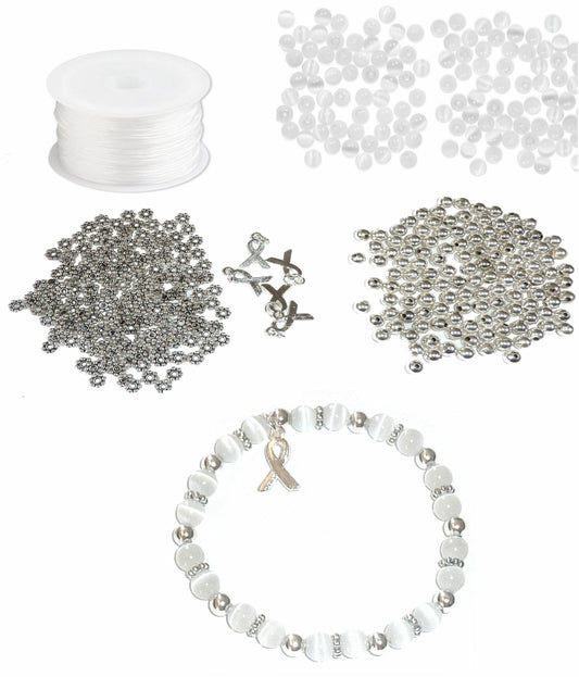DIY Kit, Everything You Need to Make Cancer Awareness Bracelets, Uses Stretch Cord, Great for Fundraising Makes 5 - White (Cervical, Bone & Retinoblastoma)