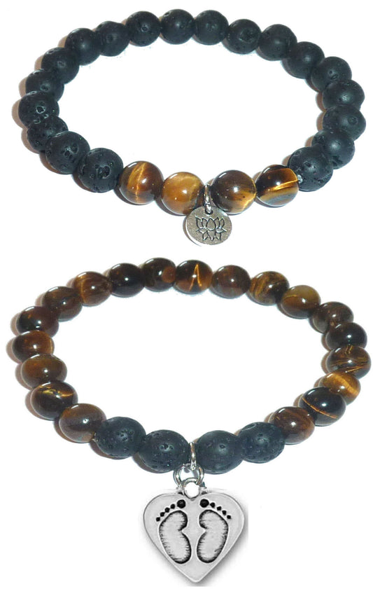 Baby Feet - Women's Tiger Eye &; Black Lava Diffuser Yoga Beads Charm Stretch Bracelet Gift Set