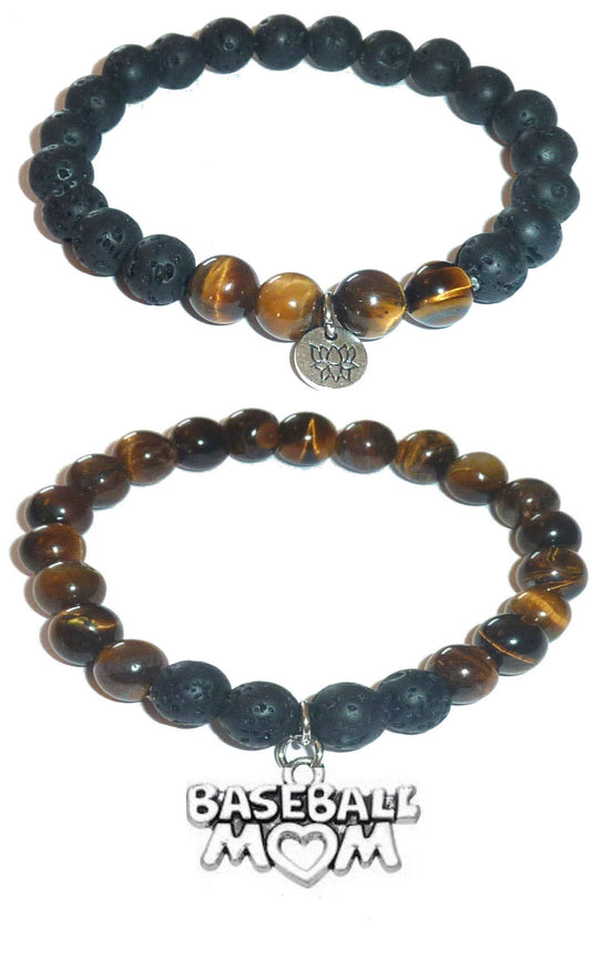Baseball Mom - Women's Tiger Eye & Black Lava Diffuser Yoga Beads Charm Stretch Bracelet Gift Set