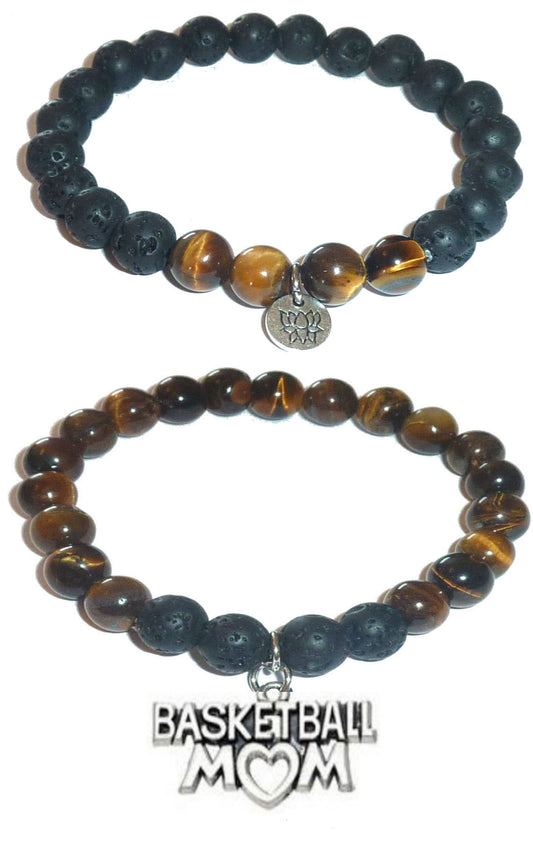 Basketball Mom - Women's Tiger Eye & Black Lava Diffuser Yoga Beads Charm Stretch Bracelet Gift Set