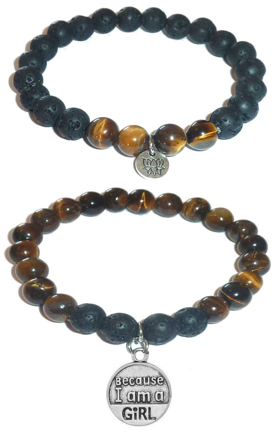 Because I am A Girl - Women's Tiger Eye & Black Lava Diffuser Yoga Beads Charm Stretch Bracelet Gift Set