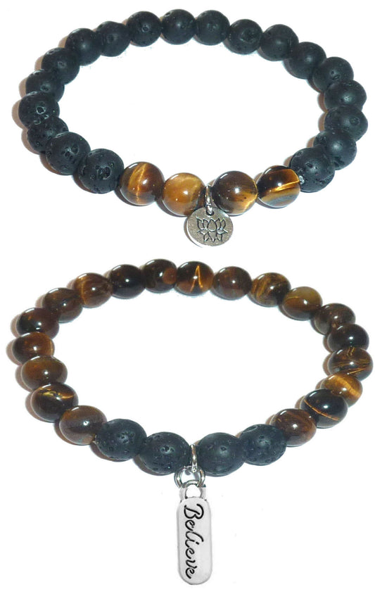 Believe - Women's Tiger Eye & Black Lava Diffuser Yoga Beads Charm Stretch Bracelet Gift Set